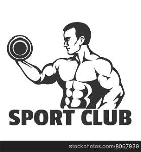 Bodybuilding. gym or sport club emblem. Bodybuilder doing exercise for biceps. Vector illustration.