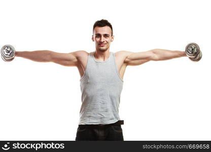 Bodybuilding. Strong fit man exercising with dumbbells. muscular young guy lifting weights white background