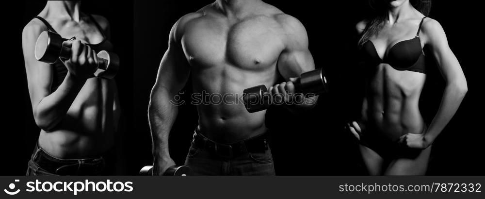 Bodybuilding. Strong man and a woman posing on a black background