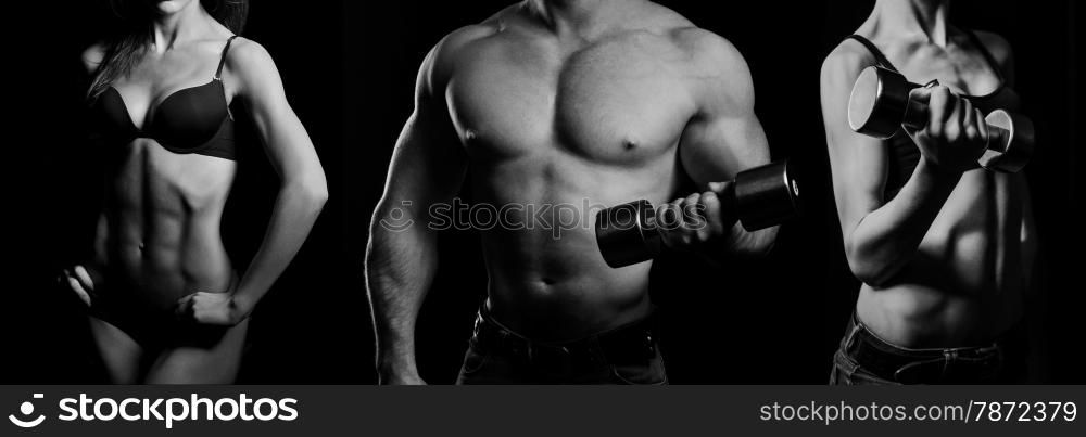 Bodybuilding. Strong man and a woman posing on a black background