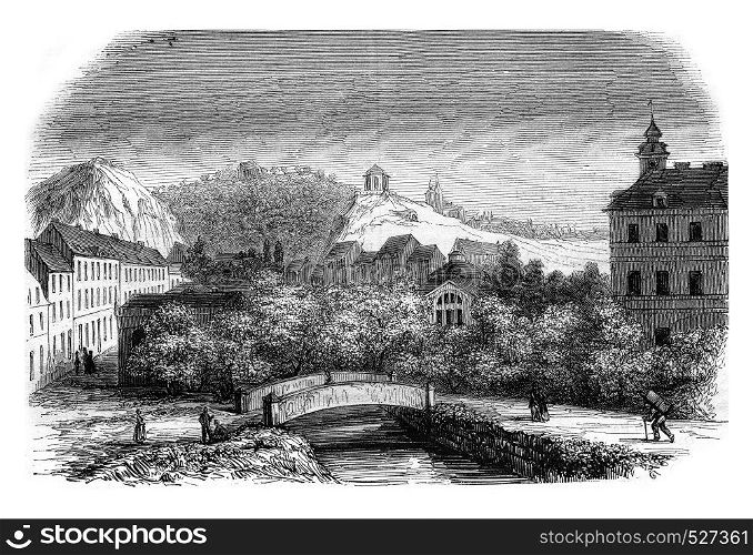 Bohemia, View of Schonau, taken from the terrace of the hotel's Neubad, vintage engraved illustration. Magasin Pittoresque 1847.