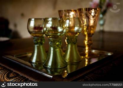 Bohemian glasses on a tray