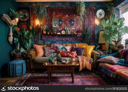 bohemian home, with bold patterns and vibrant colors, bringing the outdoors inside, created with generative ai. bohemian home, with bold patterns and vibrant colors, bringing the outdoors inside