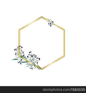 Boho greeting card template with watercolor green branch frame on white background and golden geometric shape for invitation wedding design. Floral hand drawing illustration