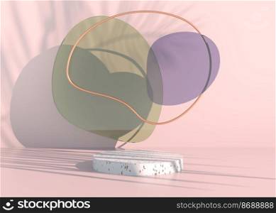 Boho podium with palm leaves shadows and pastel colors for cosmetic product presentation. Empty showcase pedestal backdrop mock up. 3d.. Boho podium with palm leaves shadows and pastel colors for cosmetic product presentation. Empty showcase pedestal backdrop mock up. 3d render.