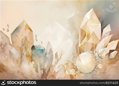 Boho style natural sparkling iridescent quartz crystals watercolor illustration background with golden details for wedding invitation, soft neutral pastel color gems collection. AI Generative content