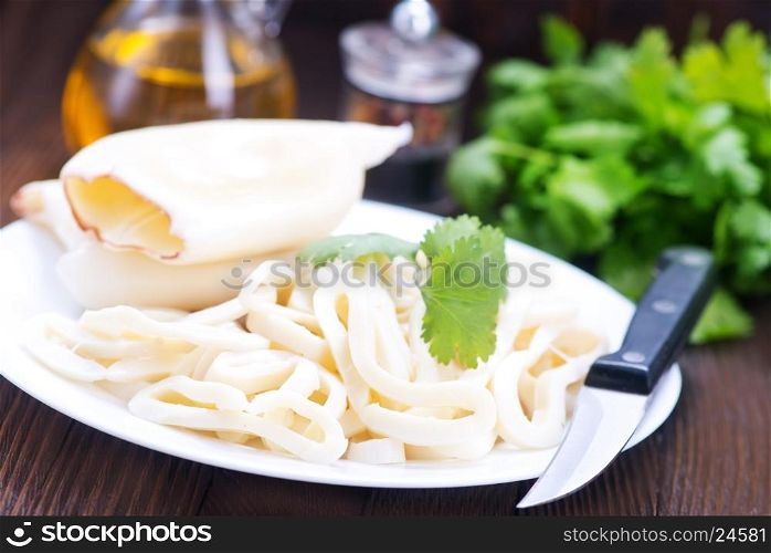 Boiled calamari squid on the white plate