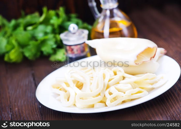 Boiled calamari squid on the white plate