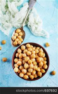Boiled chickpeas in bow. Vegetarian cuisine from legumes