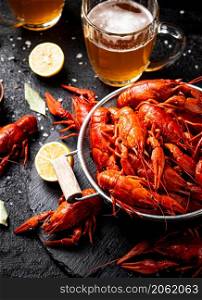 Boiled crayfish in a colander and a glass of beer. On a black background. High quality photo. Boiled crayfish in a colander and a glass of beer.