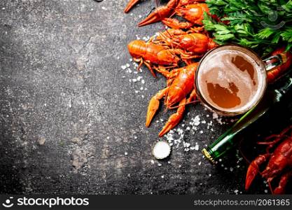 Boiled crayfish with a glass of beer.