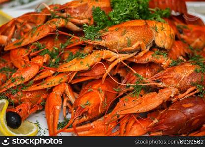 boiled crayfish with herbs and lemon. A tray of freshly prepared juices, decorated with herbs and lemon