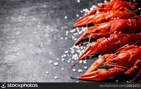 Boiled crayfish with pieces of salt. On a black background. High quality photo. Boiled crayfish with pieces of salt.