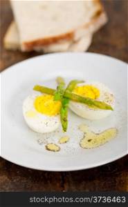 boiled fresh green asparagus and eggs with extra virgin olive oil with rustic bread