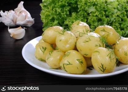 boiled potatoes with dill on a plate closeup