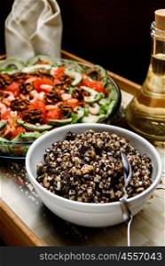 boiled rice with raisins and honey with oil and salad