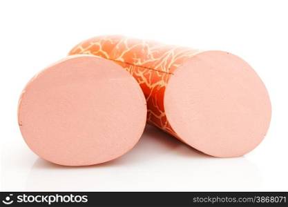 boiled sausage with slice on a white background