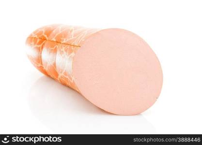 boiled sausage with slice on a white background