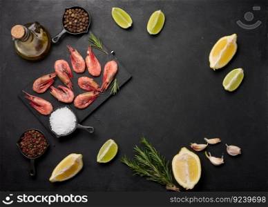 Boiled shrimp on a board, lemon slices, spices on a black background, top view