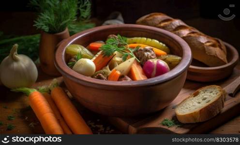 boiled vegetables with chicken broth in a bowl generative ai.