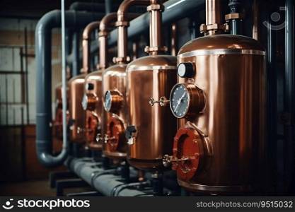 Boiler Room Equipment with Copper Pipeline of Heating System. Generative ai. High quality illustration. Boiler Room Equipment with Copper Pipeline of Heating System. Generative ai