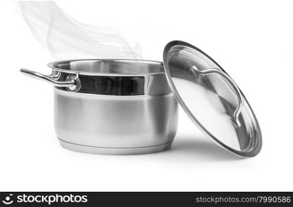 Boiling water in a saucepan over white background with clipping path