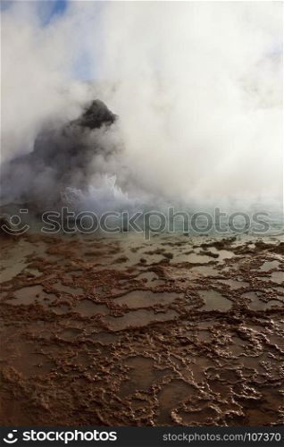 Boiling water in the El Tatio Geysers Field at 14,000ft in the Andes Mountains in the Atacama Desert, northern Chile, South America.