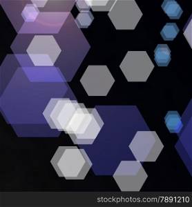 Bokeh abstract black techno background with blue hexagons