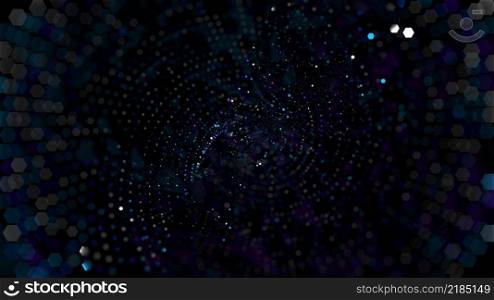 Bokeh background with blue and purple lights in a hexagonal shape with circular movement on a black background. 3D Illustration. Defocused background with blue and purple lights in a hexagonal shape with circular movement on a black background