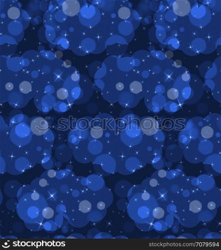 Bokeh blue clouds and stars dark night.Seamless pattern.Pattern with bokeh light effect.Colorful background.