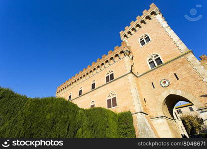 Bolgheri castle, Bolgheri Tuscan IT- November 2, 2014. View from the bottom of the main tower of the castle of Bolgheri.