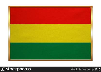 Bolivian national official flag. Patriotic symbol, banner, element, background. Correct colors. Flag of Bolivia , golden frame, fabric texture, illustration. Accurate size, color