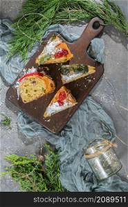 Bolo Rei or King&rsquo;s Cake is a traditional Xmas cake with fruits raisins nut and icing on kitcthen countertop. Is made for Christmas, Carnavale or Mardi Gras