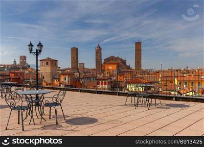 Bologna. Aerial view of the city.. Aerial view of the historical part of the city and the tower. Bologna. Italy.