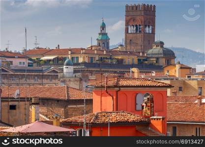 Bologna. Aerial view of the city.. Aerial view of the historical part of the city and the tower. Bologna. Italy.