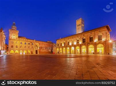 Bologna. Maggiore Square at night.. Maggiore Square in night illumination. Bologna. Italy