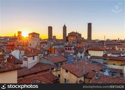 Bologna. Sunset over the city.. Sunset over the city roofs of the old city. Bologna. Italy.