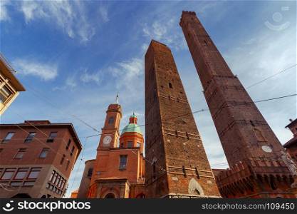 Bologna. The falling towers.. The famous falling towers Azinelli and Garizenda. Bologna. Italy.