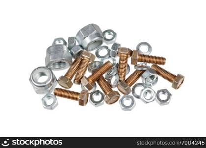 Bolts, nuts and washers in a disorderly heap isolated on white background