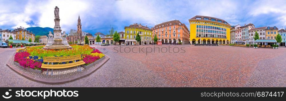 Bolzano main square Waltherplatz panoramic view, South Tyrol region of Italy