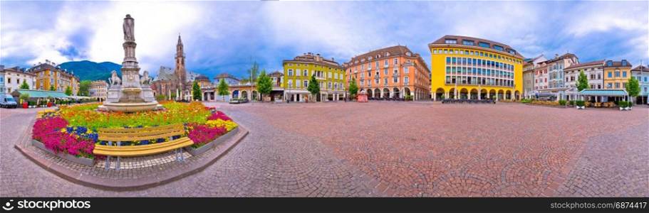 Bolzano main square Waltherplatz panoramic view, South Tyrol region of Italy