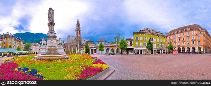 Bolzano main square Waltherplatz panoramic view, South Tyrol region of Italy