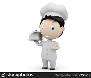 Bon appetit! Social 3D characters: happy smiling cook in uniform with tray and metal cloche lid cover. Concept for cooking dish illustration. People at work collection. Isolated.