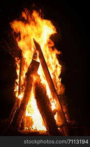 bonfire night campfire wood burning flame on dark black , selective focus