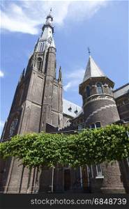 boniface church with statue and blue sky in leeuwarden capital of friesland on sunny summer day behind trees