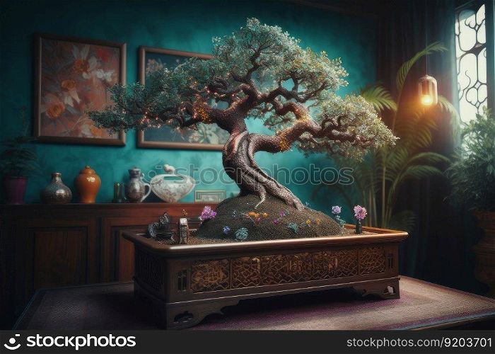 Bonsai art tree. Cozy room interior. Generate Ai. Bonsai art tree. Generate Ai