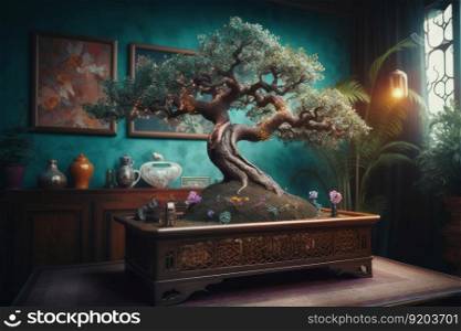 Bonsai art tree. Cozy room interior. Generate Ai. Bonsai art tree. Generate Ai