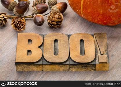 boo word abstract in vintage letterpress wood type with a pumpkin, Halloween greeting card