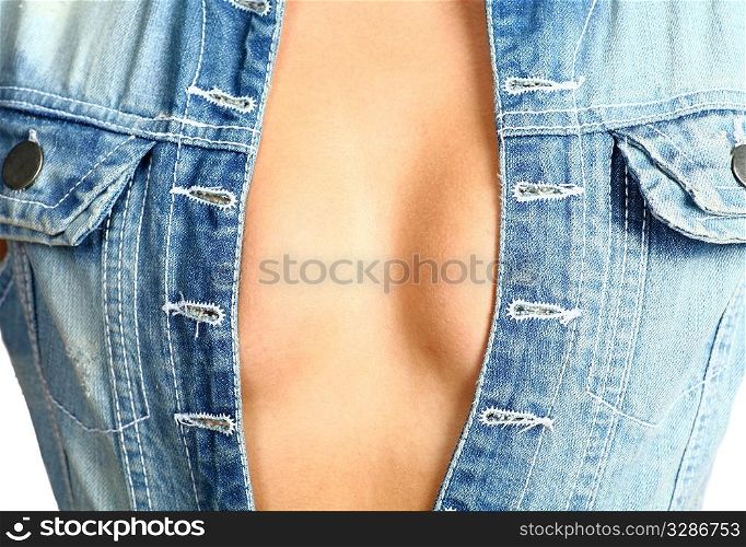 boobs of sexy girl in jeans wear isolated on white background