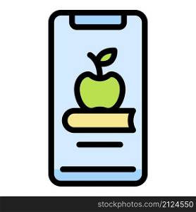 Book and apple on smartphone icon. Outline book and apple on smartphone vector icon color flat isolated. Book and apple on smartphone icon color outline vector